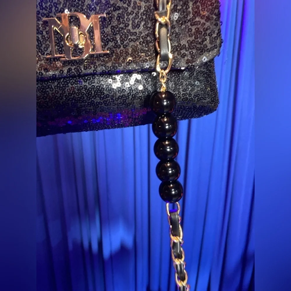 BADGLEY MISCHKA Black Sequence and Partial Beaded Crossbody/Shoulder Strap Bag